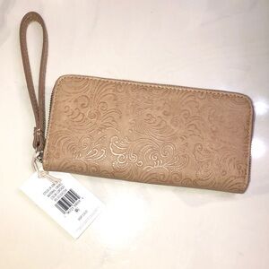Lucky Brand Western Floral Embossed ZA Wallet Color Cortado + Wrist Strap NWT